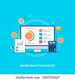 Online marketing budget - marketing revenue - Investment flat vector concept with icons