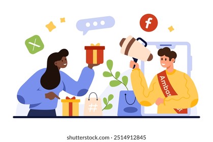 Online marketing with celebrity, client engagement, public broadcast of ambassador and brand advocate. Tiny man influencer with megaphone storytelling from tablet screen cartoon vector illustration