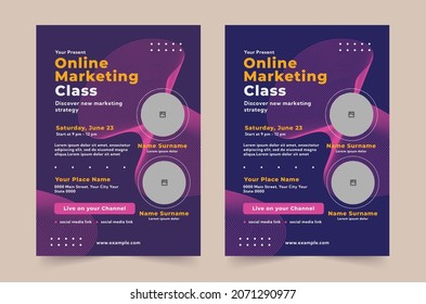 Online Marketing Class Flyer template. Kids back to school education poster, brochure cover layout