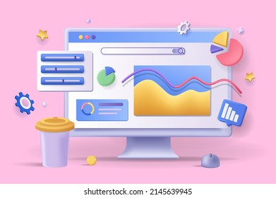 Online marketing concept 3D illustration. Icon composition with statistics and data analysis at computer screen. Development of success promotion strategy. Vector illustration for modern web design