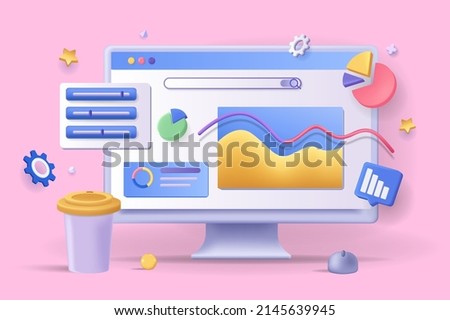Online marketing concept 3D illustration. Icon composition with statistics and data analysis at computer screen. Development of success promotion strategy. Vector illustration for modern web design 商業照片 © 