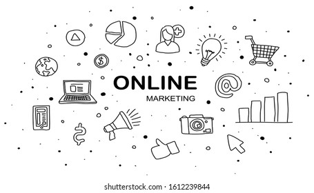 Online marketing concept design of vector illustration. Doodle style.