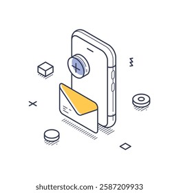 Online marketing concept featuring an isometric phone with an envelope emerging. Modern isometric line art vector illustration