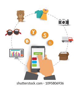 online marketing concept. hand hold smart-phone and make the monkey online.shopping and delivery.