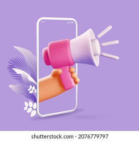 Online marketing concept illustration with cartoon 3d rendered hand holding megaphone coming out from smartphone screen on purple background. Vector illustration