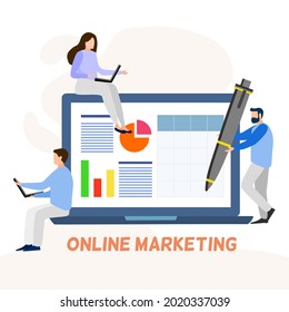 Online marketing concept, a man standing next to laptop holding pen, the other man sitting using laptop, a lady sitting on top of laptop working, on screen shows graph, information about business 