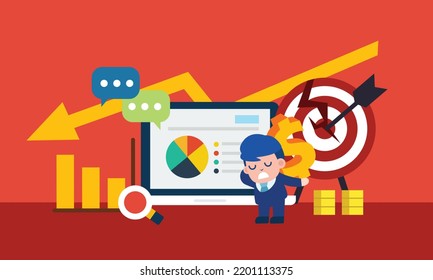 Online marketing concept. Strategy and report  on laptop with business man fail. online shopping, ecommerce. Vector illustration
