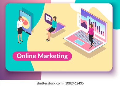 Online marketing concept. Vector illustration with isometric woman character, laptop, smartphone, tablet. Advertising strategies for business through social media and Internet community.