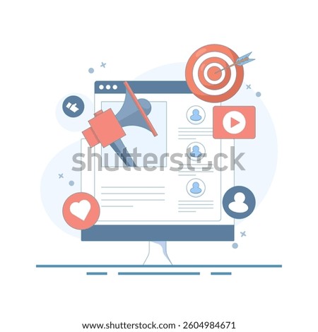 Online Marketing Concepts. Computer with Handheld Megaphone and Reacts. Social Media Marketing. Business Content Strategy, Digital Advertising Marketing, Online Promotion, Design Illustration.