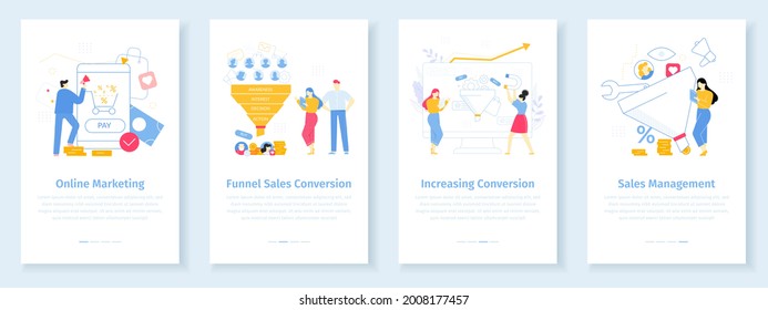 Online marketing conversion rate concept. Worker attracting internet clients with discounts. Funnel sales strategy for new customers. Developing management for increasing purchases vector app page set