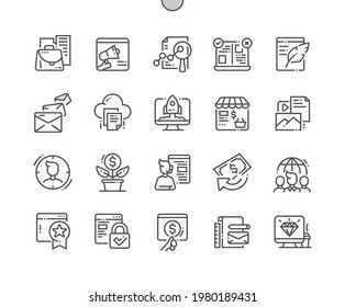 Online marketing. Creative startup. Branding, analytics, campaign, content, target, profit, growth and support. Pixel Perfect Vector Thin Line Icons. Simple Minimal Pictogram