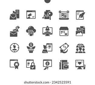 Online marketing. Creative startup. Branding, analytics, campaign, content, target, profit, growth and support. Vector Solid Icons. Simple Pictogram