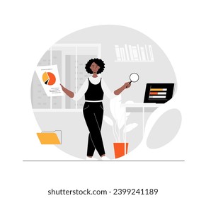 Online marketing, data analysis concept. Woman works with documents, graphs and charts in the office. Illustration with people scene in flat design for website and mobile development.