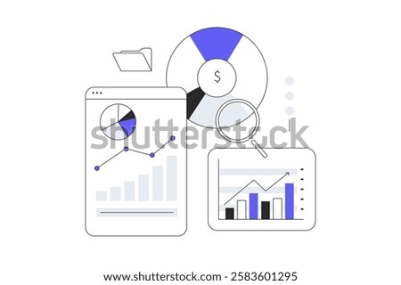 Online marketing, data analysis concept. Dashboard with documents, graphs and charts in the office. Flat Cartoon Vector Illustration, icon. Stylish abstract 