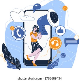 Online marketing and digital marketing  concept  with businesswoman making announcements  through  megaphone. Business promotion and advertising vector illustration isolated.