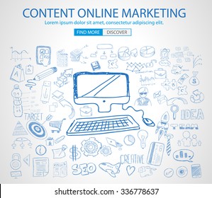 Online Marketing with Doodle design style :finding solution, brainstorming, creative thinking. Modern style illustration for web banners, brochure and flyers.