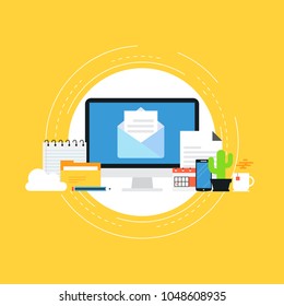 Online marketing, e-mail advertising, newsletter promotion, mailbox, inbox, subscriptions flat vector illustration design. Contact us design for web banners and apps