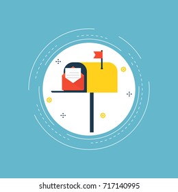 Online marketing, e-mail advertising, newsletter promotion, mailbox, inbox, subscriptions flat vector illustration design. Contact us design for web banners and apps