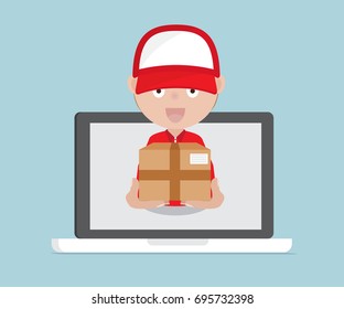 online marketing with fast delivery concept, human with package from laptop cartoon vector illustration