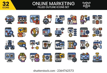 Online marketing (filled outline) icons set. The collection includes business and development, programming, web design, app design, and more.