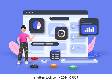 Online marketing, financial report chart, data analysis, and web development concept. SEO Optimization, web analytics and seo marketing social media concept. 3d vector illustration