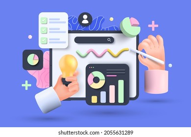 Online marketing, financial report chart, data analysis, and web development concept. Tablet with data chart. 3D vector illustration