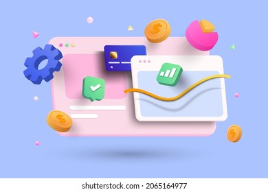 Online marketing, financial report chart, data analysis, and web development concept. Tablet with data chart. 3D vector illustration