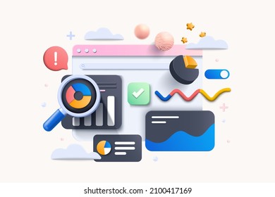 Online marketing, financial report chart, data analysis, and web development concept. Web page with data chart. 3D vector illustration