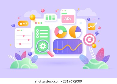 Online marketing, financial report chart, data analysis, and web development concept. SEO Optimization, web analytics and seo marketing social media concept. 3d vector illustration