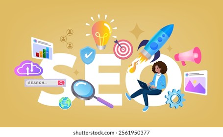 Online marketing, financial report chart, data analysis, and web development concept. SEO Optimization, web analytics and SEO marketing social media concept.  vector illustration