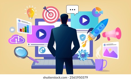 Online marketing, financial report chart, data analysis, and web development concept. SEO Optimization, web analytics and SEO marketing social media concept.  vector illustration