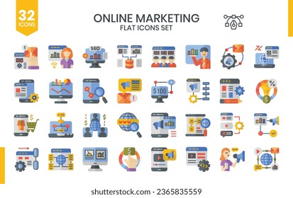 Online marketing (flat) icons set. The collection includes business and development, programming, web design, app design, and more.