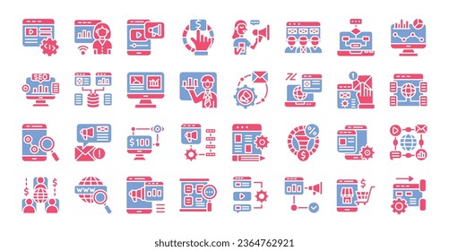 Online marketing (flat two color) icons set. The collection includes business and development, programming, web design, app design, and more.