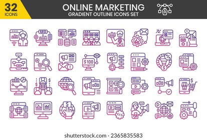 Online marketing (gradient outline) icons set. The collection includes business and development, programming, web design, app design, and more.