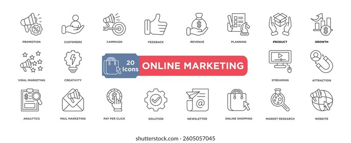 ONLINE MARKETING icon collection set. Containing design promotion,customers,campaign,feedback,revenue,planning,product,growth,viral marketing,creativity,streaming,attraction,analytics,mail marketing