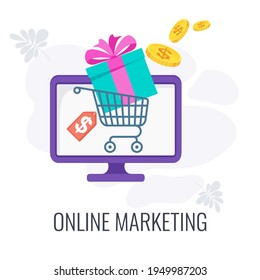 Online marketing icon. Digital marketing. Shopping basket with a gift on a computer monitor. Strategy, management and marketing. Successful business of company in market. Flat vector illustration.