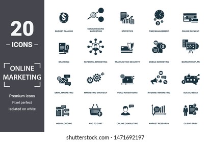 Online Marketing icon set. Contain filled flat email marketing, mobile marketing, statistics, search engine marketing, plan, social media, branding icons. Editable format.