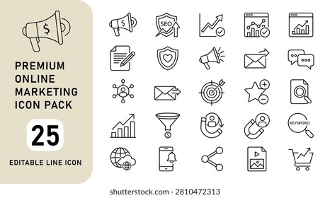 Online marketing icon set. Editable line icon. Digital business, social media and advertising signs search engine optimization, email marketing, target audience, and sales funnel icons