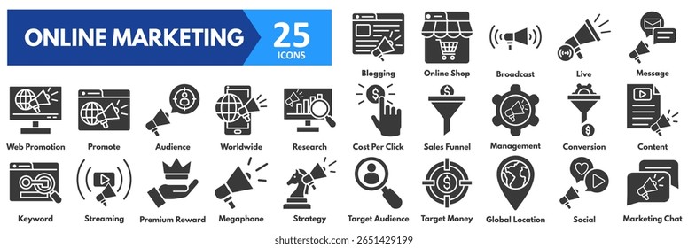 Online Marketing icon set. with icons of blogging, online shop, broadcast, live, message, web promotion, promote, audience, worldwide, research, cost per click, sales funnel, management, conversion