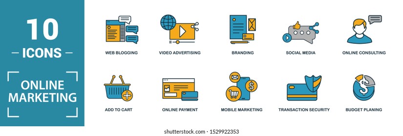 Das Symbol für Online-Marketing wird gesetzt. Einschließlich kreativen Elementen E-Mail-Marketing, Mobile Marketing, Empfehlen, Marketing-Plan, soziale Symbole. Kann für Bericht, Präsentation, Diagramm, Web-Design verwendet werden.