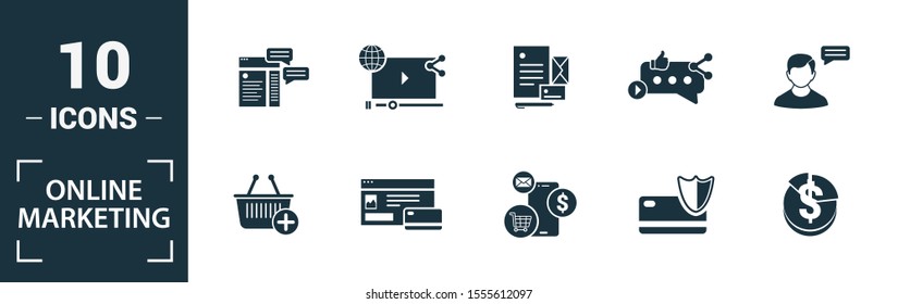 Online Marketing icon set. Include creative elements email marketing, mobile marketing, referral, marketing plan, social icons. Can be used for report, presentation, diagram, web design.