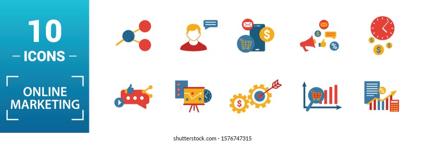 Online Marketing icon set. Include creative elements email marketing, mobile marketing, referral, marketing plan, social icons. Can be used for report, presentation, diagram, web design.