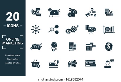 Online Marketing icon set. Include creative elements email marketing, mobile marketing, referral, marketing plan, social icons. Can be used for report, presentation, diagram, web design.
