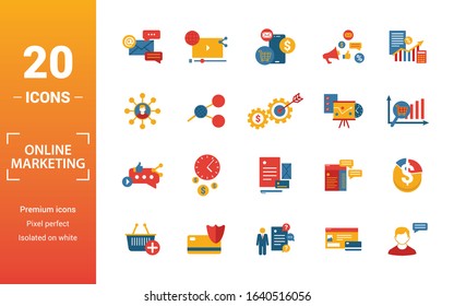 Online Marketing icon set. Include creative elements email marketing, mobile marketing, referral, marketing plan, social icons. Can be used for report, presentation, diagram, web design.