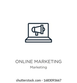 Icono de marketing en línea. Icono de esquema de marketing en línea lineal delgado aislado en fondo blanco de la colección de marketing. Signo vectorial de línea, símbolo para web y móvil