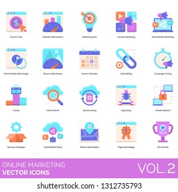 Online marketing icons including pay per click, website optimization, idea, content, social media, retina ready web design, picture, events calendar, link building, campaign timing, career, cloud.