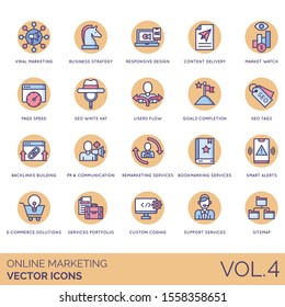 Online marketing icons including viral, business strategy, responsive design, content delivery, white hat, users flow, seo tags, backlink, pr, smart alert, portfolio, custom coding, support, sitemap.