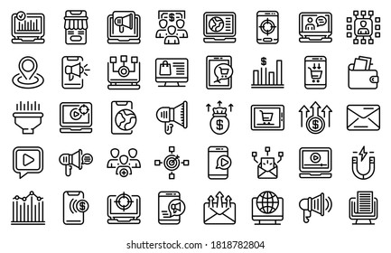 Online marketing icons set. Outline set of online marketing vector icons for web design isolated on white background