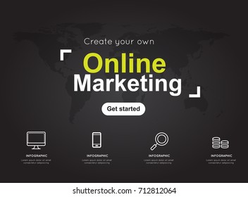 Online marketing icons with world black map for business
