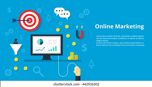Online Marketing illustration. Vector illustration concept for management, strategy, online marketing, inetnet advertising with icons set of modern business working elements, finance objects.